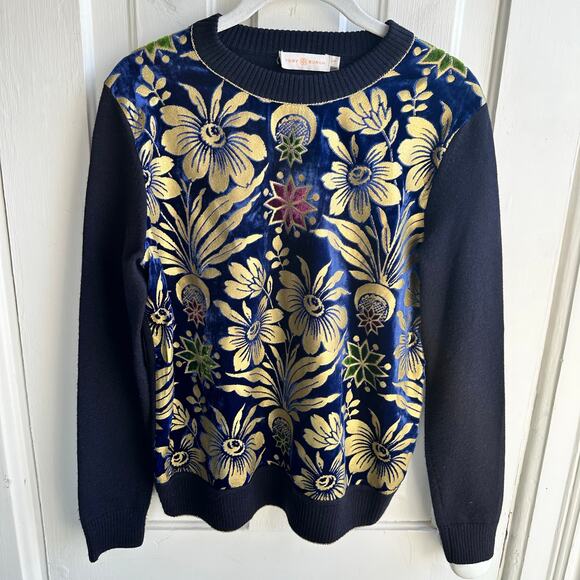 Tory Burch Hollis Cosmic Floral Velvet Foiled Gold Metallic Sweater - Picture 2 of 8